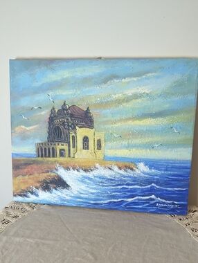 Signed Coastal Seascape Texture Painting Mediterranean Architecture Ocean Waves